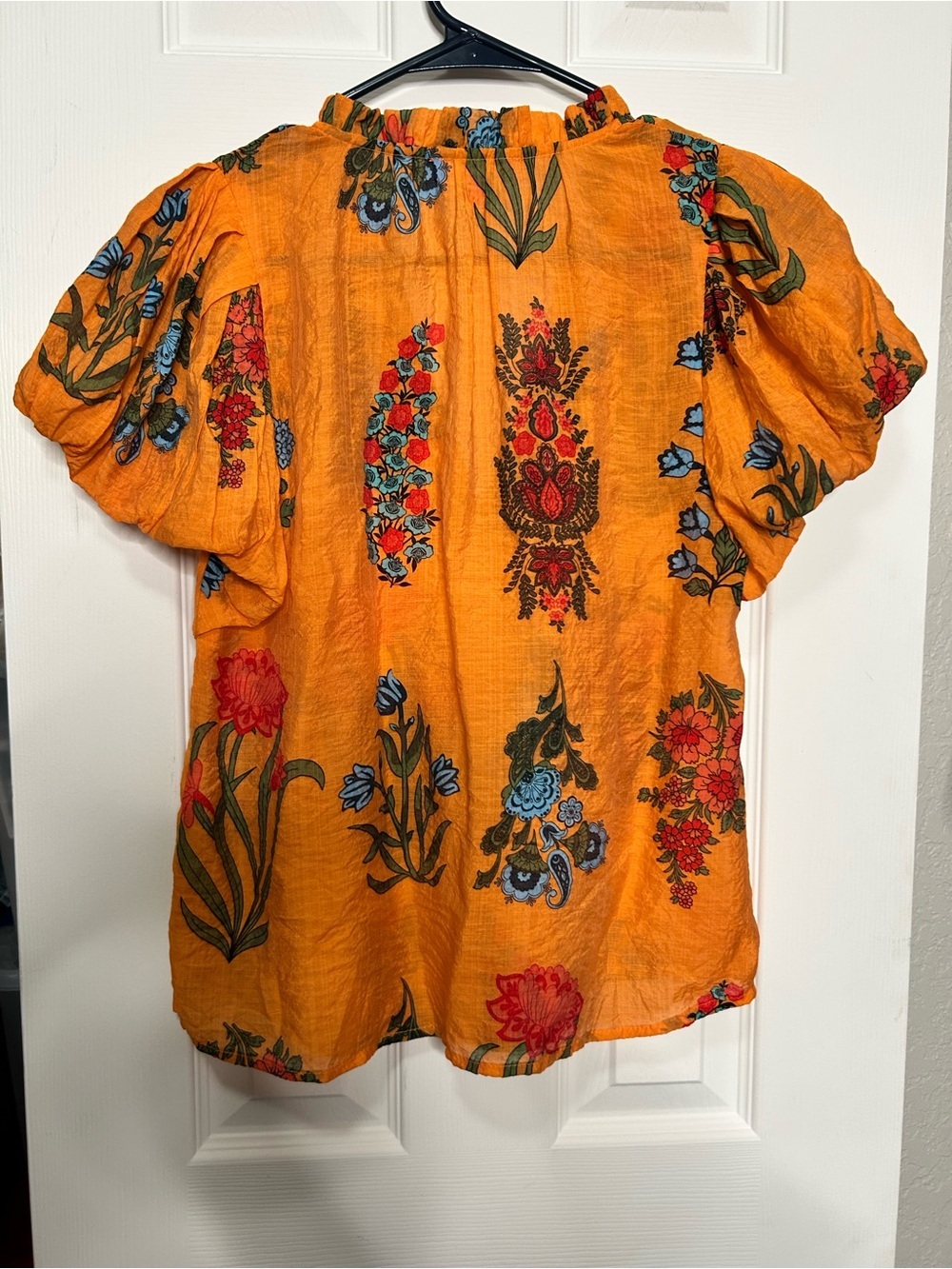 THML Orange Floral Paisley Boho Split Neck Puff Sleeve Blouse XS - Picture 4 of 5
